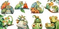 Set of funny cartoon chameleons, cute watercolor reptiles, isolated lizards clipart. Watercolor illustrations. Generative AI