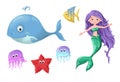 A set of funny cartoon cute nautical inhabitants - a mermaid, a whale, a fish, a starfish and jellyfish.