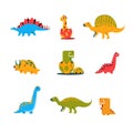 Set of funny cartoon dinosaurs in yellow, red and olive colors. Vector illustration isolated on white background. Royalty Free Stock Photo