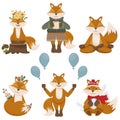 Set of funny cartoon foxes. The fox is meditating, holding balloons, drinking coffee, holding a snowball, boho style