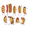 Set of funny cartoon hot dog character in action. Fast food concept. Flat vector illustration