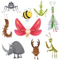 Set of funny cartoon insects isolated on white. Vector bee, butterfly, spider, wasp, mantis, dragonfly, rhinoceros Royalty Free Stock Photo