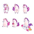 Set of funny cartoon magic unicorns. Patch, badge sticker. Collection of icons, pattern for clothes, t-shirts, print