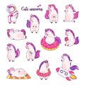 Set of funny cartoon magic unicorns. Patch, badge sticker. Collection of icons, pattern for clothes, t-shirts, print