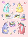 Set of funny cartoon dancing magic unicorns. Patch, badge sticker. Collection of icons, pattern for clothes, t-shirts