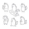 Set of funny cartoon magic unicorns. Patch, badge sticker. Collection of icons, pattern for clothes, t-shirts, print