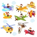 Set of funny cartoon planes with cute pilots