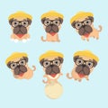 Set of the Funny cartoon pugs puppies.