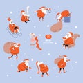 Set of funny cartoon Santa Clauses and baby on a blue background. A collection of diverse Santa characters behind