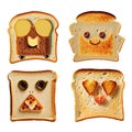 Set of funny cartoon toast bread characters isolated on white background. Generative AI