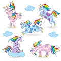 Set of funny cartoon unicorns, colored figures on white