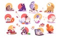 Set of funny cat icons, cute pet cartoon character vector illustration Royalty Free Stock Photo