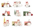 Set with funny ceramic snowmen on white background