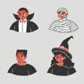 A set of funny characters on Halloween. Four images of cartoon characters.