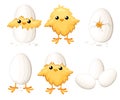 Set of funny chicken in egg for easter decoration cartoon flat clipart yellow bird in an egg shell illustration on w