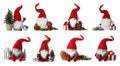 Set with funny Christmas gnomes and festive decor on white background. Banner design