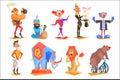 Set of funny circus characters clown, magician, acrobat, strongman, snake charmer, tamer and trained animals. Colorful