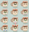 Set of funny coffee cups with different emotions. Vector emoji cacao set. Coffee cup logo funny stickers. Cartoon cute mug. Royalty Free Stock Photo