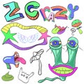 Set of funny crazy characters , signs, aliens , imaginary , cart