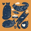 A set of funny cute cats in different poses in the style of hand drawing. Postcard with a collection of pets. Vector illustration