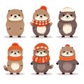 Set of funny and cute Christmas otters in winter clothing. Cute Small-clawed otter vector illustration with Christmas holidays Royalty Free Stock Photo