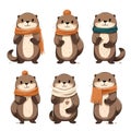 Set of funny and cute Christmas otters in winter clothing. Cute Small-clawed otter vector illustration with Christmas holidays Royalty Free Stock Photo