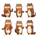 Set of funny and cute Christmas otters in winter clothing. Cute Small-clawed otter vector illustration with Christmas holidays Royalty Free Stock Photo