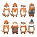 Set of funny and cute Christmas otters in winter clothing. Cute Small-clawed otter vector illustration with Christmas holidays Royalty Free Stock Photo