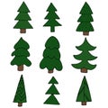 Set of funny cute hand-drawn green trees, new year, vector set of colored elements in doodle style Royalty Free Stock Photo