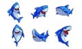 Set of funny cute happy blue sharks vector illustration Royalty Free Stock Photo