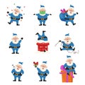 Set of funny and cute illustrations with Santa Claus in blue suit.