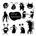 Set of funny cute silhouette creatures. Isolated Critters hand-drawn.