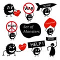 Set of funny cute silhouette demonstrators creatures with slogans and call to action.