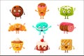 Set of funny dessert characters - croissant, cupcake, cake, tiramisu, pretzel, macaroon, cartoon style vector