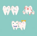 Set of funny different teeth, collection of teeth icons on a blue background