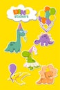 Set of funny dinosaurs stickers for party invitation card, greeting card designing. Stegosaurus with balloons, diplodocus in glass