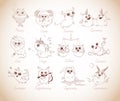 Set of 12 funny doodle zodiac icons in vintage style. Astrology horoscope with signs. Calendar template. Libra Scorpio Royalty Free Stock Photo