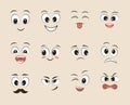 Set of funny faces. Cartoon faces with different expressions, featuring the eyes and mouth, design elements. Vector illustrations