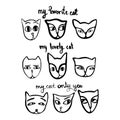 A set of funny faces of cats in the style of a hand-drawn.