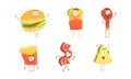 Set of funny fast food cartoon characters. Hamburger, shawarma, drumstick, bacon and sandwich vector illustration