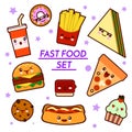 Set of funny fast food characters - pizza, French fries, burger, hot dog, sandwich ,cartoon vector illustration isolated