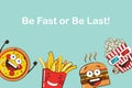Set of funny fast food icons. Cartoon face food emoji. Funny food concept.