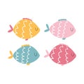 Set Funny fish. Vector hand drawn cartoon scandinavian style. Colorful isolated characters on a white background Royalty Free Stock Photo