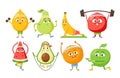 Set Funny Fruits Characters Sport Exercises. Lemon, Pear, Banana and Garnet, Watermelon, Avocado and Orange with Apple