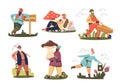 Set of funny garden gnomes dwarfs cartoon characters gardening, watering flowers, picking mushroom Royalty Free Stock Photo