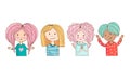 Set funny girls smiling. The female character in the vector. Hand drawn female avatar. Cute kawaii girls. Art colourful