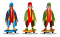 Set of funny Grannies on Skateboards. Grandmothers of different nationalities. Characters on a white background.