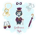 Set of funny hand drawing stickers for retro gentleman style. Cartoon cat, gold watch, umbrella cane, gentleman boots, white