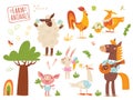 Set of funny hand drawn farm country animals. Royalty Free Stock Photo