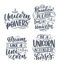 Set with funny hand drawn lettering quotes about unicorn. Cool phrases for print and poster design. Inspirational kids